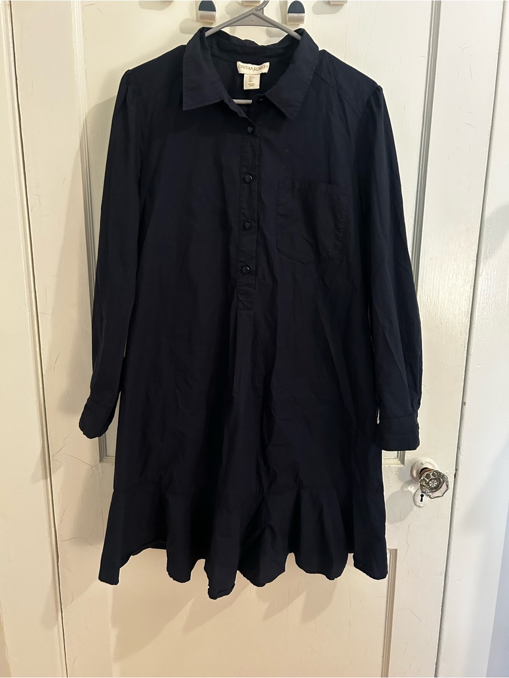 Cynthia Rowley large navy long-sleeve shirt dress with flounce hem, pockets